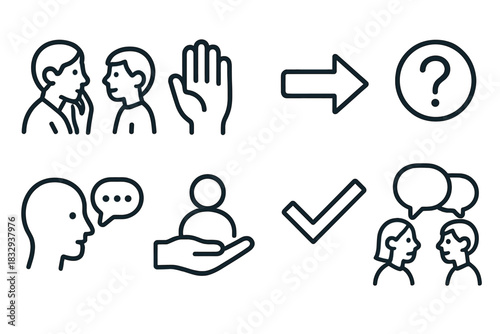 Communication Skills Icons. Family Communication Skills Actions linear icon set: active listening pose, open hand, sharing arrow, question mark, reflect bubble, support hand