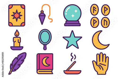 Mystical Divination Tools. Divination Tools flat icons set. tarot deck, pendulum, crystal ball, runes, candle, mirror, star, moon, feather, book, incense, hand palm
