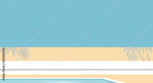 Tropical Beachfront Poolside View with Palm Trees and Ocean Horizon.