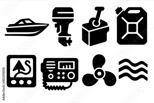Brutalist Boating Icons. Motor Boating silhouette icon set. speedboat, engine, throttle, fuel can, GPS device, radio, propeller, wake