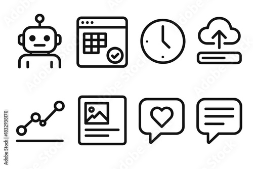 Automated Posting Icons. Automated Posting linear icon set: robot icon, schedule screen, clock hand, upload bar, cloud, data line, post preview, message bubble