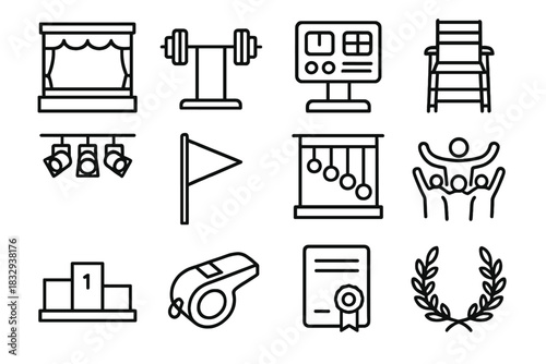 Strength Competition Icons. Competition setting linear icon set. stage, barbell rack, scoreboard, judge chair, lights, flag, weight chart, cheering crowd, platform, whistle