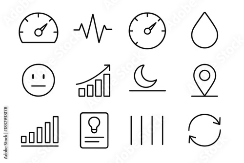 Personal Energy Tracker. Personal Energy Tracking Set linear icon set: daily energy meter, focus pulse line, rest–activity balance dial, hydration drop, mood level icon