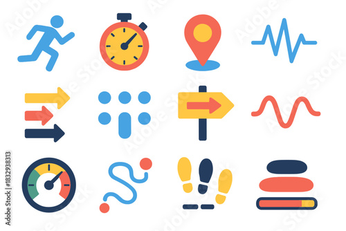 Modern Wellness Icons. Healthy Digital Living flat icon set: screen-time dial, mindful pause bubble, clean layout icon, muted alerts, wellness leaf, focused dot, time block