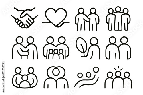 Unified Silhouette Icons. Human Togetherness linear icon set: linked hands, shared heart line, group circle, warm glow, supportive gestures, unity leaf pair, connected silhouettes