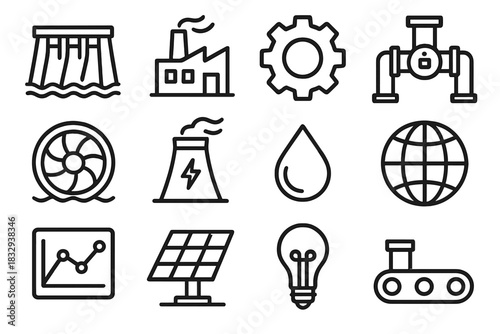 Industrial Energy Icons. Industrial Hydropower linear icon set: dam, factory building, gear, pipeline, turbine, power plant, water droplet, globe, data chart, solar panel, light