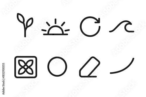 Rejuvenation Icon Set. Rejuvenation Elements linear icon set: budding stem, gentle sunrise arc, refresh loop, renewal wave, soft bloom tile, vitality bead, clean slate marker