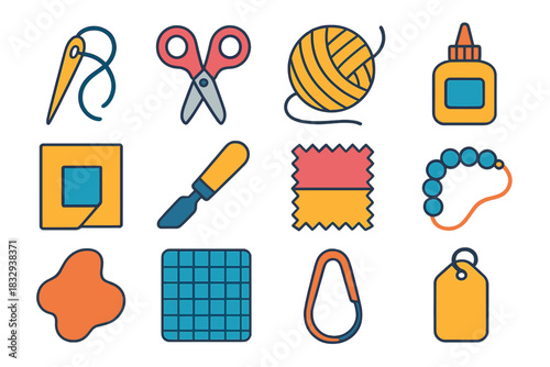 Minimal Craft Icons. Craft Set flat icon set: needle and thread, crafting scissors, yarn ball, glue bottle icon, paper cutout tile, carving tool, fabric swatch, bead string, paint