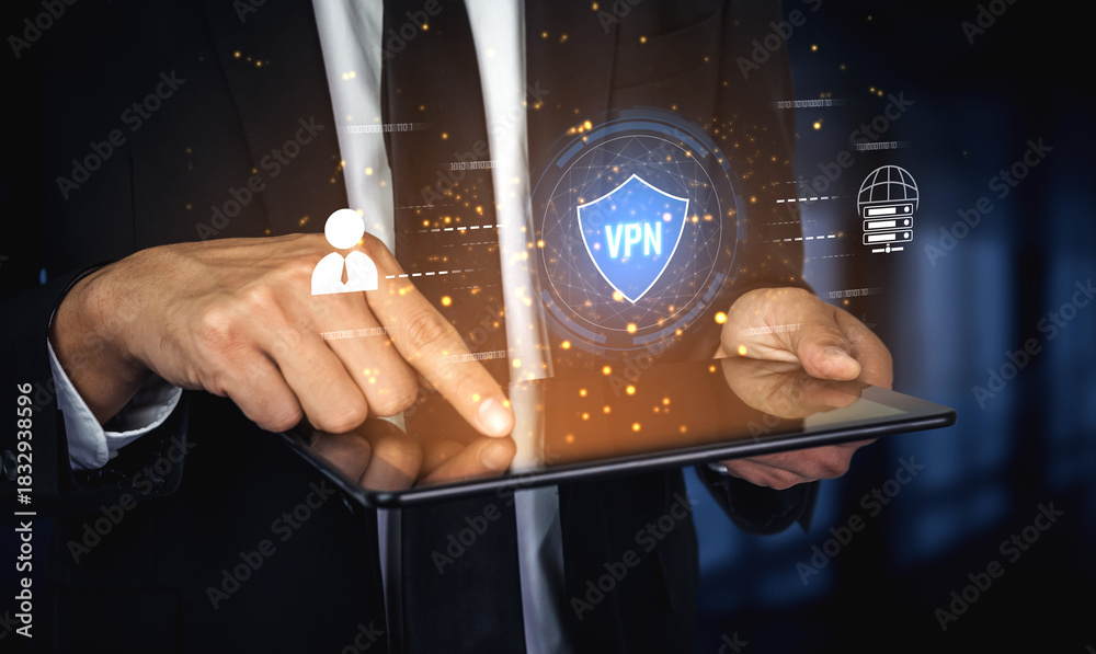 Fototapeta premium VPN security protects network access. VPN security encrypts data, hides identity, VPN security defends traffic, and VPN security secures connection from threats. Vouch