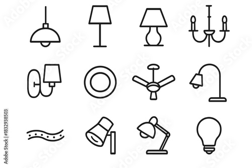 Black Line Lighting Icons. Interior lighting fixtures linear icon set: pendant lamp, floor lamp, table lamp, chandelier, wall sconce, recessed light, ceiling fan light, reading