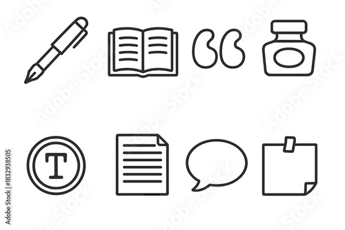 Writing Tools Icons. Writing & Quotes linear icon set: fountain pen, open notebook, quotation mark, ink bottle, typewriter key, lined paper, speech bubble, sticky note
