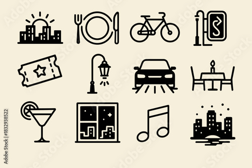 Evening City Icons. Evening city life linear icon set: sunset skyline, dinner plate, bicycle, neon sign, movie ticket, street lamp, car lights, restaurant table, cocktail glass