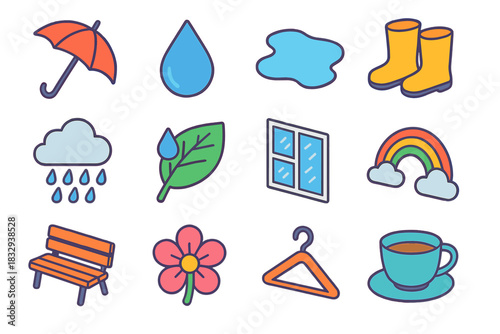 Spring Rain Icons. Spring rain scenes flat icon set: umbrella, raindrop, puddle, rubber boots, cloud with rain, wet leaf, windowpane, rainbow, park bench, flower bloom, coat hanger