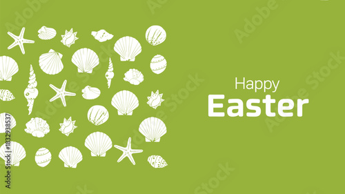Happy easter greeting with white seashells and starfish on a lime green background