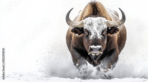 Gaur charging through snow with intense gaze