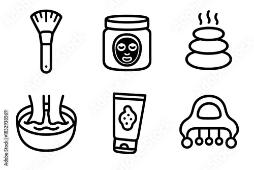 Spa Treatment Essentials. Spa Treatments Set linear icon set: facial brush, mud mask jar, hot stones stack, foot bath, body scrub, massage tool