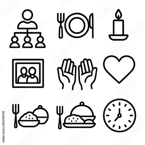 Generational Icons. Generational Traditions linear icon set: family tree, dinner plate, candle, heart, photo frame, hands, meal, clock
