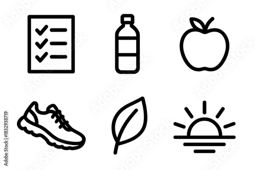 Healthy Icons Collection. Healthy Habit Selection Essentials linear icon set: checklist card, water bottle, fresh fruit, running shoe, calm leaf, sunrise icon