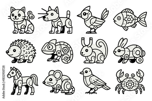 Mechanical Pet Icons. Mechanical Pet World linear icon set: wind-up cat, laser-eyed dog, metal bird, gear fish, robot hedgehog, robotic chameleon, magnetic rabbit, rolling turtle