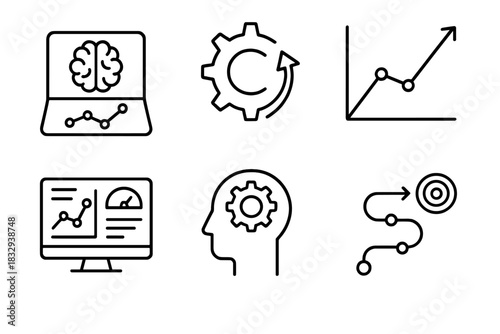 AI Strategy Icons. AI-Driven Strategy linear icon set. predictive model, automation gear, trend forecast, smart dashboard, machine insight, optimization path.
