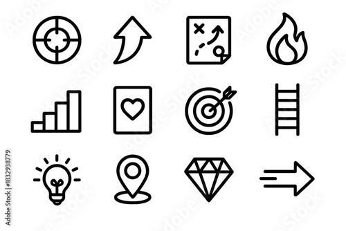 Driven Mindset Icons. Driven Mindset linear icon set: focus circle, aspiration arrow, highlighted plan, determination flame, steady steps, intention card, target ring, progress