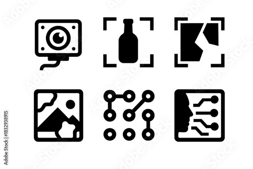 Brutalist Computer Vision Icons. Computer Vision silhouette icon set. vision sensor, object detection, edge recognition, image segmentation, pattern analysis, feature extraction.