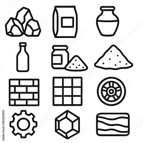 Industrial Materials Icons. Industrial mineral uses linear icon set. quarry rock, bag of cement, glass bottle, ceramic pot, pigment container, sand mound, salt crystal, brick wall