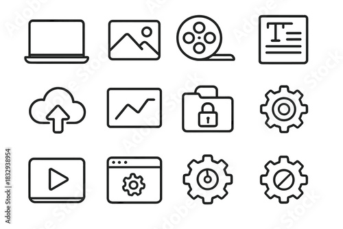Digital Media Icons. Digital Content linear icon set. laptop screen, photo icon, video reel, text editor, cloud server, upload arrow, dashboard chart, secure folder, gear emblem