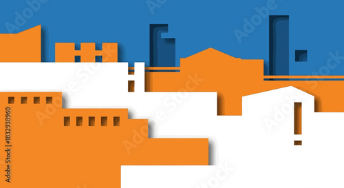 Abstract cityscape illustration with orange and blue colors.