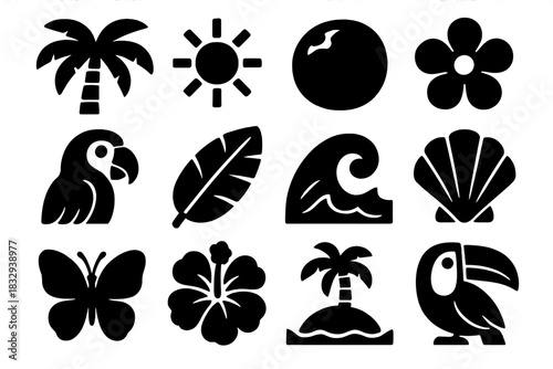 Tropical Icon Collection. Tropical Nature silhouette icon set: palm tree, sun, coconut, flower, parrot, banana leaf, wave, shell, butterfly, hibiscus, island, toucan