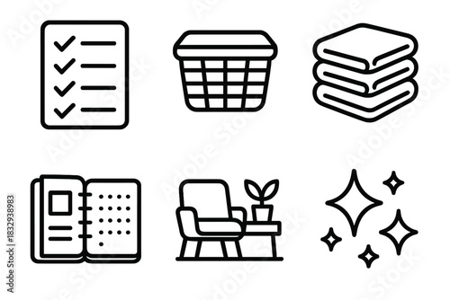 Organized Living Icons. Organized Lifestyle linear icon set. checklist, tidy basket, folded clothes, planner, calm space, sparkles of cleanliness
