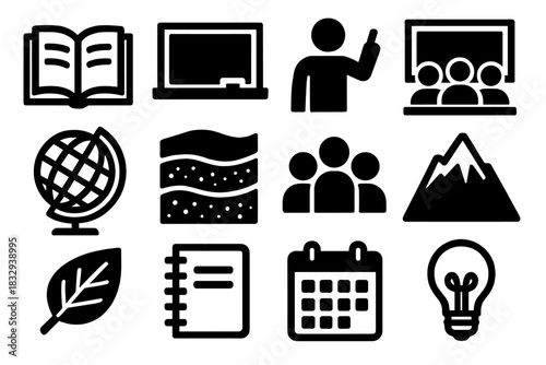 Brutalist Education Icons. Educational Erosion silhouette icon set. open book, chalkboard, teacher icon, classroom, globe, soil layers, student group, mountain, leaf, notebook