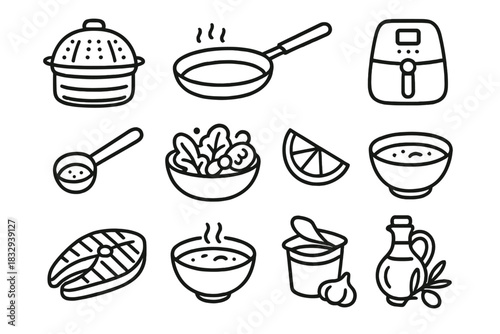 Healthy Cooking Essentials. Low-calorie cooking linear icon set. steamer basket, nonstick pan, air fryer, measuring spoon, fresh salad, lemon wedge, grilled fish, soup bowl, herbs