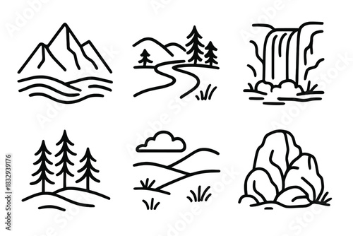 Nature Icon Panorama. Natural Landscapes linear icon set: mountain, river, forest, waterfall, meadow, rock formation
