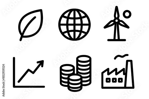 Green Economy Icons. Green economy linear icon set: leaf, globe, renewable energy icon, chart line, coin stack, factory