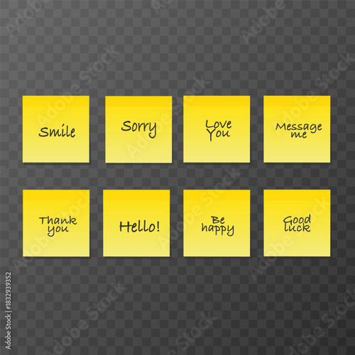 Sticky notes with handwritten messages set of yellow sticky notes. Vector illustration
