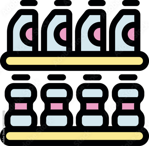 Supermarket shelves displaying various bottles and packages of cleaning products and beverages, offering essential household supplies