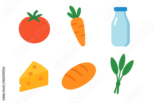 Minimalistic Food Icons. Fresh Ingredients flat icons set. tomato, carrot, milk bottle, cheese wedge, bread loaf, herbs bunch