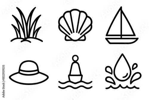 Coastal Activity Icons. Coastal Activity Elements linear icon set: dune grass, shoreline shell, sail outline, sun hat, buoy marker, splash droplet