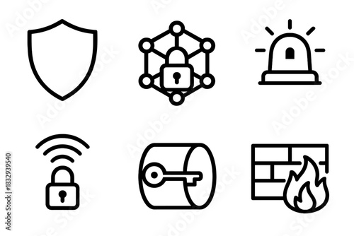 Network Security Icons. Network Security linear icon set. shield icon, encrypted network, intrusion detection, secure access point, VPN tunnel, firewall gate.