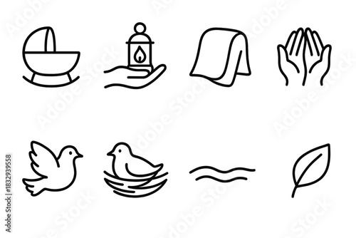 Icons of Nurturing Compassion. Nurturing Compassion Set linear icon set: cradle shape, guiding lantern, soft blanket curve, protective arms, gentle dove, warm nest, calm water line