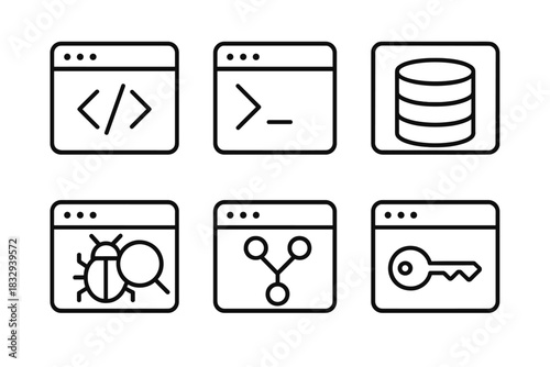 Developer Tools Icons. Developer Tools linear icon set. code editor, terminal window, database icon, debugging symbol, version control, API key icon.