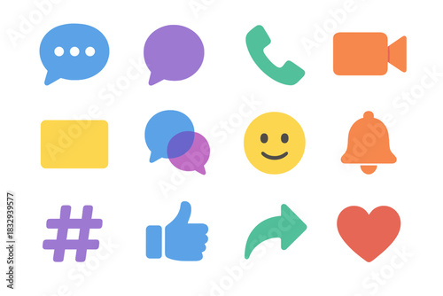 Colorful Social Icons. Social Communication flat icons set. chat bubble, speech icon, phone call, video camera, message envelope, group chat, emoji face, notification bell, hashtag