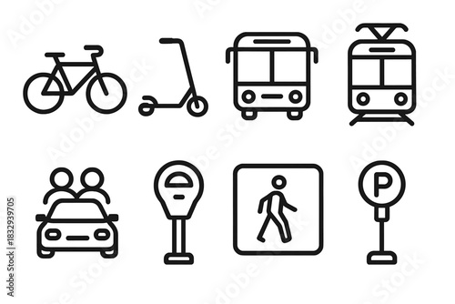 Urban Transport Icons. Urban Mobility Essentials linear icon set: bicycle, scooter, bus, tram, subway train, carshare icon, parking meter, crosswalk signal