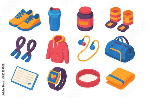Isometric Gym Gear Icons. Gym accessories flat icon set: shoes, shaker bottle, protein tub, wrist wraps, straps, hoodie, earbuds, gym bag, logbook, smart watch, headband, towel