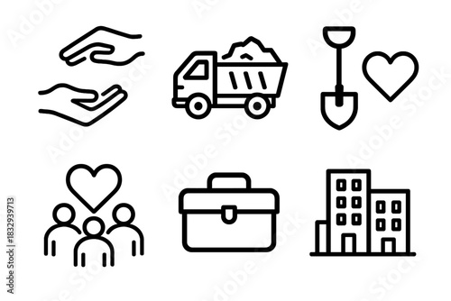 Community Recovery Icons. Aftermath Recovery linear icon set: helping hands, truck, shovel, heart, community, toolbox
