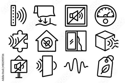 Noise Reduction Icons. Reduced Noise Concepts Set linear icon set: acoustic barrier band, noise-damp fabric, sealed frame strip, balanced sound meter, quiet flooring patch, muted