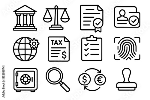 Icons of Governance. Government and regulation linear icon set. courthouse building, balance scales, law document, ID verification card, globe regulation grid, tax report