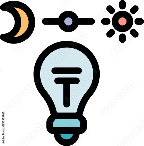 Light bulb with a switch changing from day mode, symbolized by the sun, to night mode, symbolized by the moon, representing energy saving and efficiency