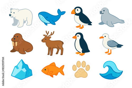 Isometric Wildlife Icons. Wildlife Encounters flat icons set. polar bear, whale, puffin, seal, walrus, reindeer, penguin, sea bird, iceberg, fish, paw print, wave